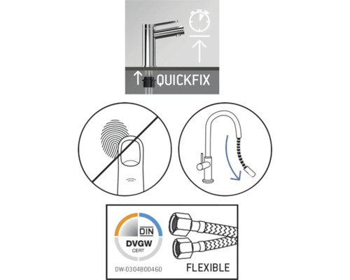 Sistem de montare rapidă, prevenirea amprentelor digitale, duș extractibil, certificare DVGW și furtunuri flexibile.