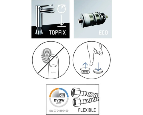 Caracteristici produs: Sistem de fixare Topfix, funcție de economisire a apei, strat anti-amprentă, tehnologie supapă excentrică, certificare DIN-DVGW, furtunuri de conectare flexibile