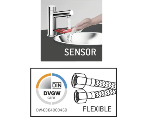 Baterie cu senzor cu mână sub robinet și certificat DIN DVGW, precum și furtunuri de conectare flexibile.