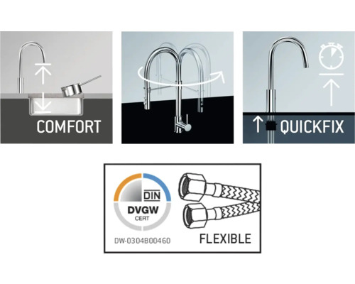 Baterie confortabilă pentru lavoar cu funcție Quickfix și furtunuri de conectare flexibile