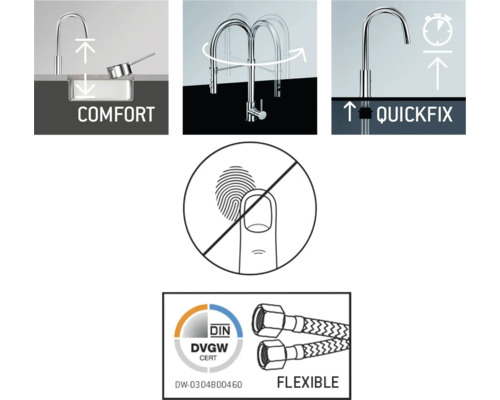 Zonă de confort, interval de pivotare, fixare rapidă, acoperire anti-amprentă, certificare DIN DVGW, furtunuri flexibile
