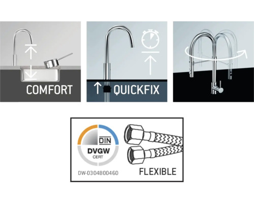Confort, Quickfix, flexibil și certificare DVGW pentru o baterie de bucătărie