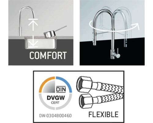 Sunt prezentate caracteristicile de confort și flexibilitate ale unui robinet de bucătărie.