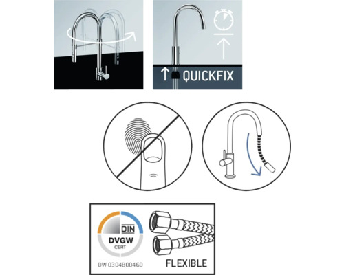 Caracteristicile unei baterii de bucătărie: Interval de pivotare, instalare QuickFix, strat anti-amprentă, duș extractibil, certificat DVGW, furtunuri de conectare flexibile.