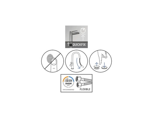 Caracteristici ale unui robinet: Quickfix, anti-amprentă, duș extractibil, racord flexibil, sigiliu DIN DVGW CERT
