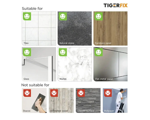 Suprafețe adecvate și inadecvate reprezentate de gresie, piatră naturală, panouri de mobilier, sticlă, marmură, panouri metalice plate, stuc, lemn nefinisat, suprafață neuniformă și tapet