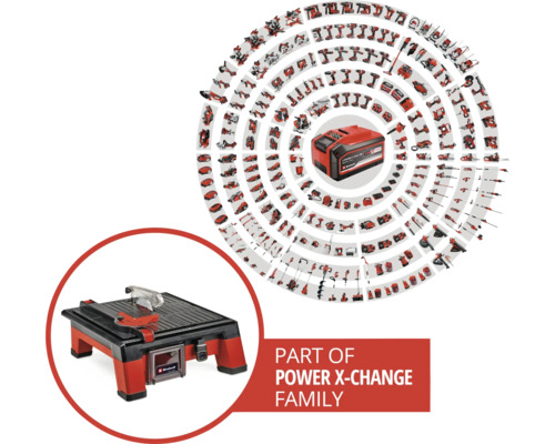 Familia Einhell Power X-Change cu mașină de tăiat faianță și acumulator