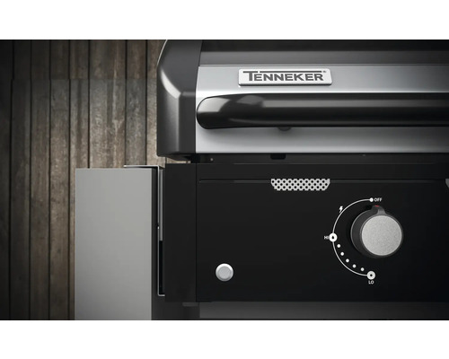 Vizualizare detaliată a grătarului cu gaz Tenneker cu panou de control și regulator de temperatură