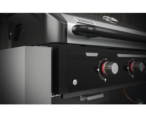 Vizualizare detaliată a grătarului pe gaz Tenneker cu butoane de control