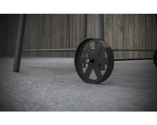 Vizualizare detaliată a unui cărucior de grătar cu roți pentru transport ușor