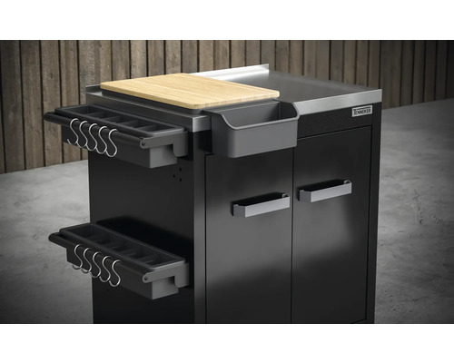 Masă de grătar neagră cu tocător și soluții de depozitare