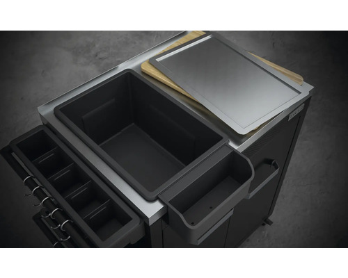 Cărucior grătar cu tocător, placă din oțel inoxidabil, recipient de depozitare și bară cu cârlige