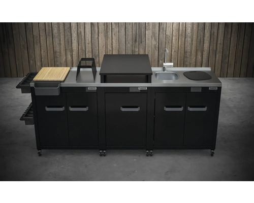 Bucătărie modulară de exterior cu chiuvetă, tocător și spațiu de depozitare