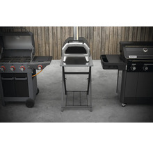 Trei grătare diferite într-un cadru exterior: grătar pe gaz, cuptor pentru pizza și un alt grătar.