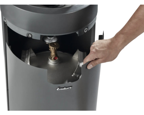 Imagine detaliată cu un radiator cu gaz, cu suportul pentru butelie deschis și butelia vizibilă.