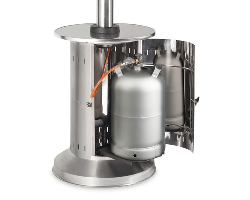 Încălzitor de terasă pe gaz cu ușa deschisă și butelie de gaz