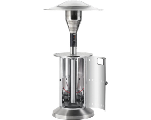 Încălzitor de terasă argintiu cu ușa deschisă pentru exterior