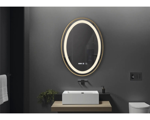 Baie cu lavoar și oglindă ovală cu iluminare