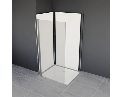 Cabină de duș pe colț cu cadă și paravan de sticlă