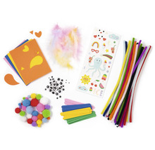 Set de creație cu materiale de creație precum pâslă, pene, autocolante, ochi mobili, pampoane, bețe de înghețată și curățătoare de țevi flexibile