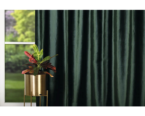 Plantă decorativă într-un ghiveci auriu în fața unei ferestre și a unei perdele