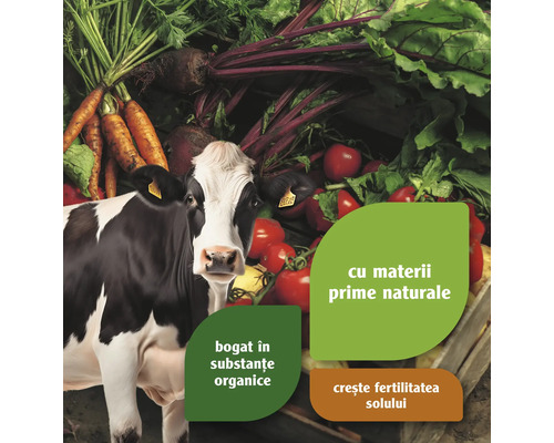 Ilustrație cu o vacă și diverse legume, cum ar fi morcovi și roșii