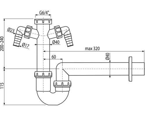 Desen tehnic al unui sifon cu dimensiuni