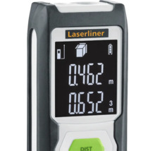 Logo Laserliner. Afișaj al unui telemetru laser cu valori măsurate.