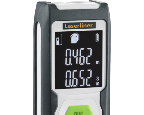 Logo Laserliner. Afișaj al unui telemetru laser cu valori măsurate.