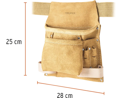 Geantă de scule din piele cu compartimente multiple și curea reglabilă, dimensiuni 25 cm înălțime și 28 cm lățime