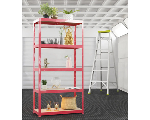 Raft cu cinci niveluri și scară în cameră.