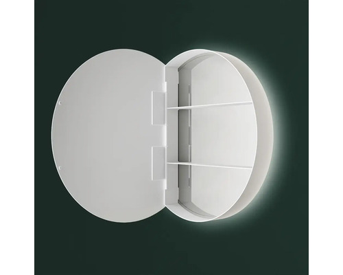 Dulap rotund cu oglindă, cu ușa deschisă și rafturi interioare