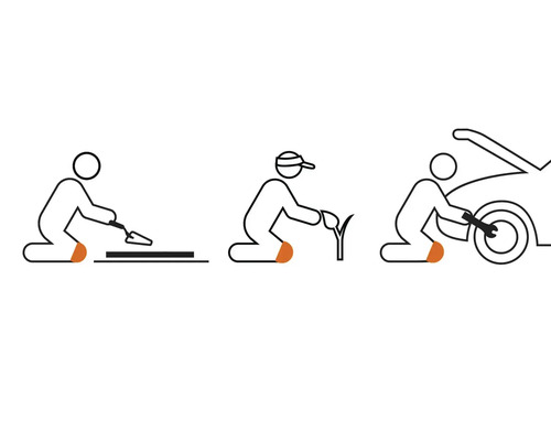 Pictograme cu persoane care efectuează lucrări de pavaj, plantează și repară o mașină