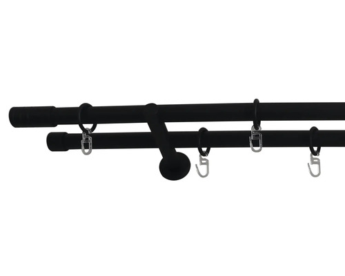 Bară dublă pentru perdea cu inele și cârlige pentru agățarea perdelelor.