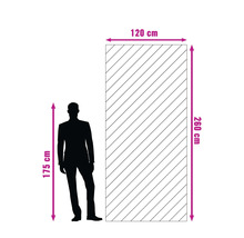 Ilustrație a unui panou cu dimensiunile de 120 pe 260 centimetri lângă o persoană de 175 centimetri.