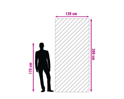 Ilustrație a unui panou cu dimensiunile de 120 pe 260 centimetri lângă o persoană de 175 centimetri.
