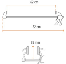 Imagine cu dimensiunile menghinei cu o singură mână: anvergură de 62 de centimetri, proeminență de 82 de centimetri, adâncime fălci de 75 de milimetri.
