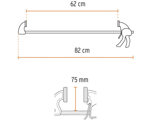 Imagine cu dimensiunile menghinei cu o singură mână: anvergură de 62 de centimetri, proeminență de 82 de centimetri, adâncime fălci de 75 de milimetri.