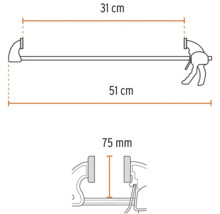 Ilustrație a unei menghine de prindere cu o singură mână, cu dimensiunile: 31 centimetri, 51 centimetri și 75 milimetri.