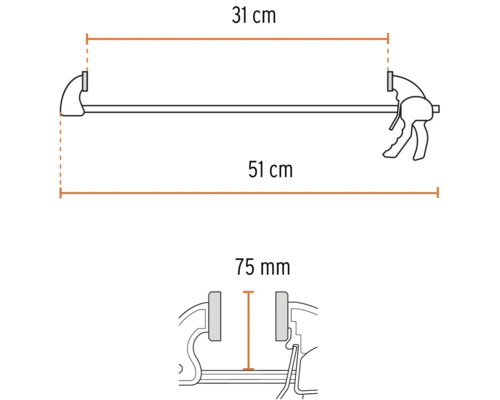 Ilustrație a unei menghine de prindere cu o singură mână, cu dimensiunile: 31 centimetri, 51 centimetri și 75 milimetri.