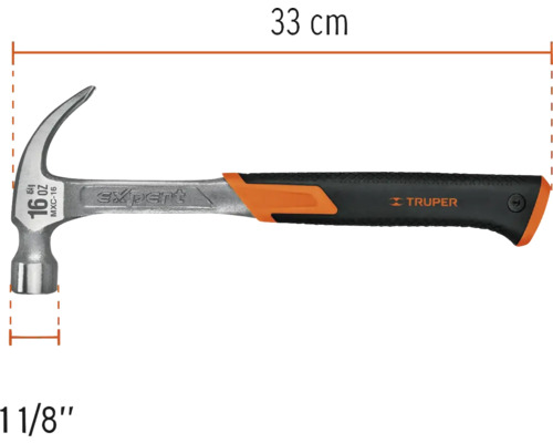 Ciocan de tâmplărie cu o lungime de 33 cm și o dimensiune a capului de 1 1/8 inch.