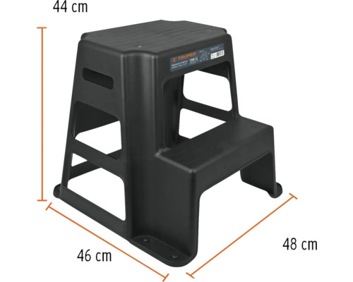 Taburet cu două trepte cu dimensiunile de 44 cm înălțime, 46 cm lățime și 48 cm adâncime.