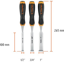 Set de trei dălți cu dimensiunile de 1/2 inch, 3/4 inch și 1 inch plus indicații de dimensiune