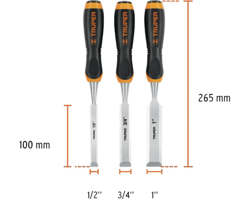 Set de trei dălți cu dimensiunile de 1/2 inch, 3/4 inch și 1 inch plus indicații de dimensiune
