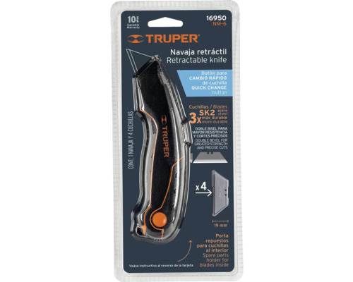Cuțit cutter Truper cu patru lame de rezervă în ambalaj
