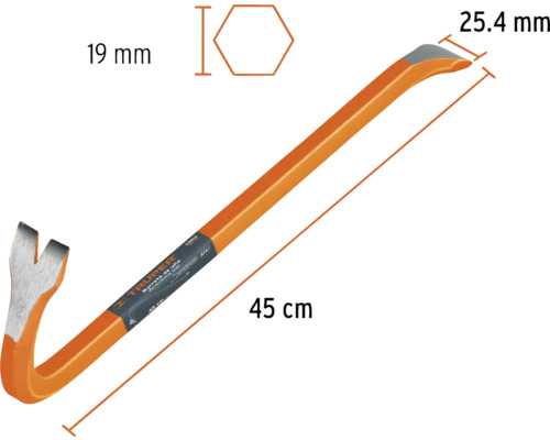 Bară de rupere cu dimensiunile de 45 de centimetri lungime, hexagon de 19 milimetri și lățime a capului de 25,4 milimetri