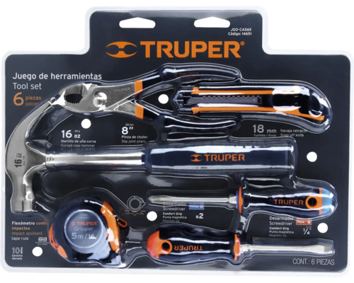 Set de scule Truper cu ciocan, clește, șurubelnițe, ruletă și cuțit retractabil