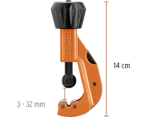 Tăietor de țevi marca Truper, lungime 14 cm, pentru țevi cu diametrul de 3 până la 32 mm