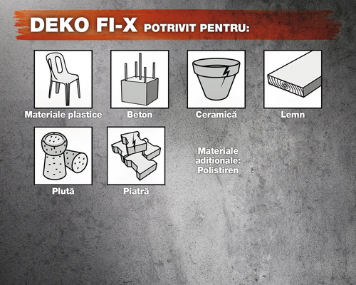 DEKO FI-X potrivit pentru materiale plastice, beton, ceramică, lemn, plută, piatră și polistiren.