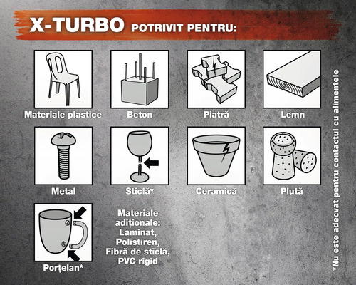 X-Turbo potrivit pentru materiale plastice, beton, piatră, lemn, metal, sticlă, ceramică, plută, porțelan, laminat, polistiren, fibră de sticlă, PVC rigid. Nu este adecvat pentru contactul cu alimentele.
